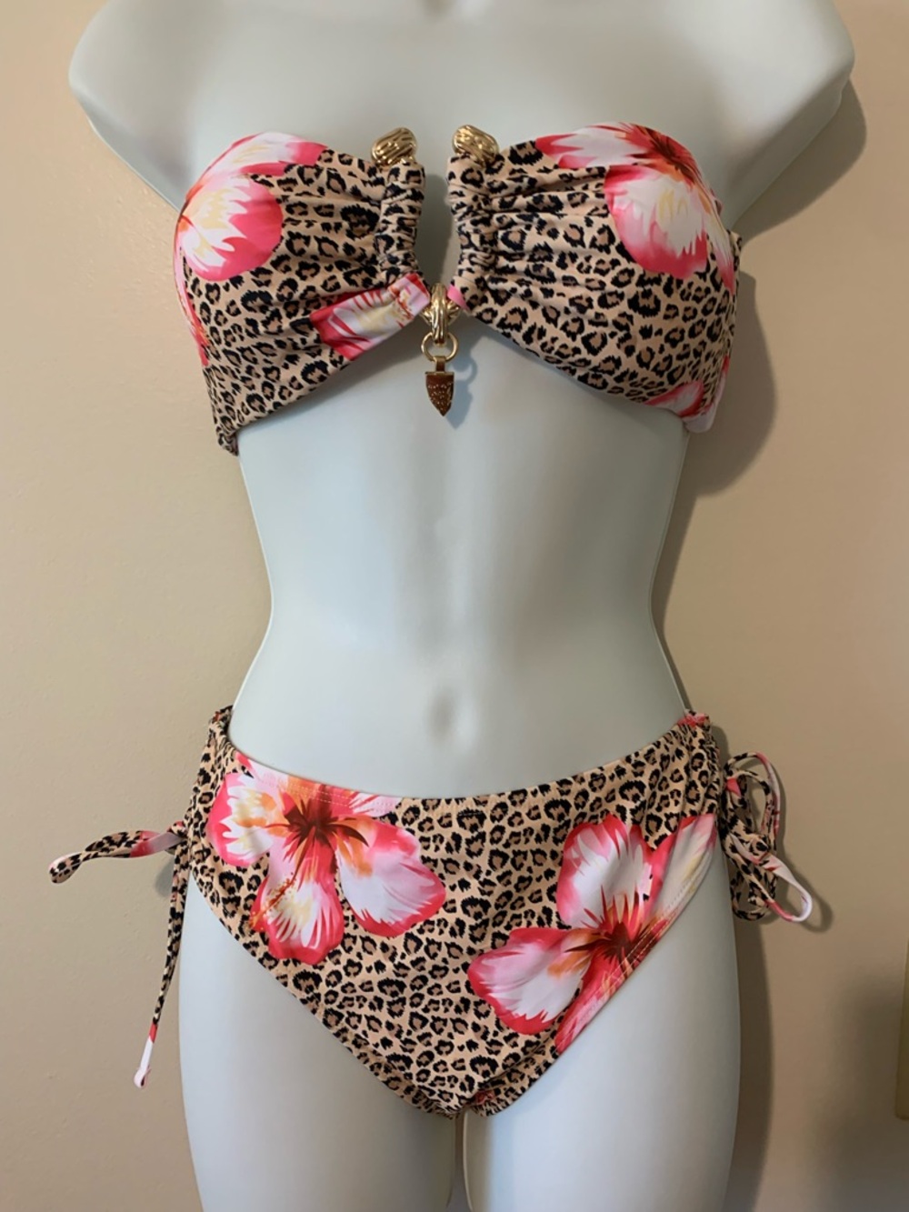Strapless Floral Leopard Bandeau Bikini in Pink and Tan